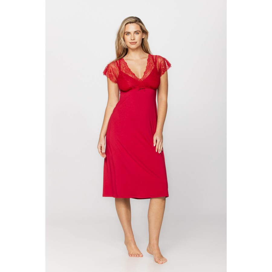 Chemise de nuit / robe d'intérieur en micromodal et dentelle rouge et manches courtes