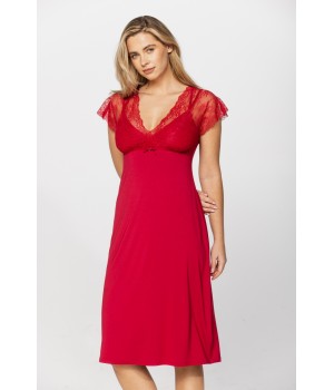 Short-sleeved nightdress/lounge robe in red micromodal and lace fabric