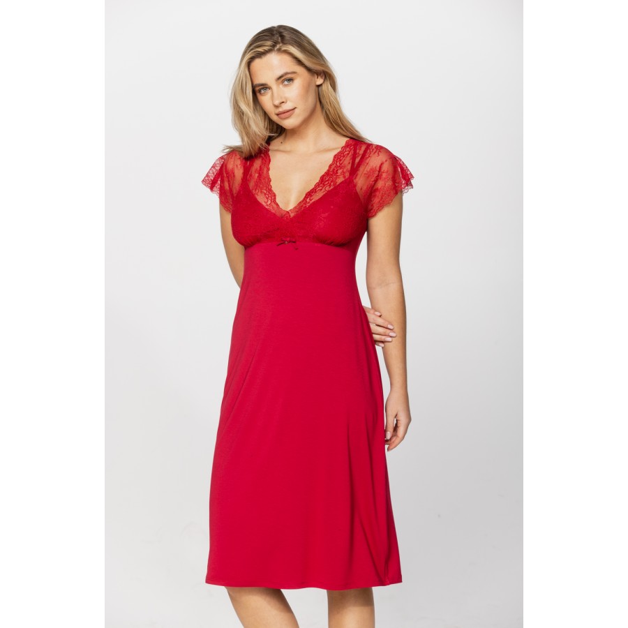 Short-sleeved nightdress/lounge robe in red micromodal and lace fabric