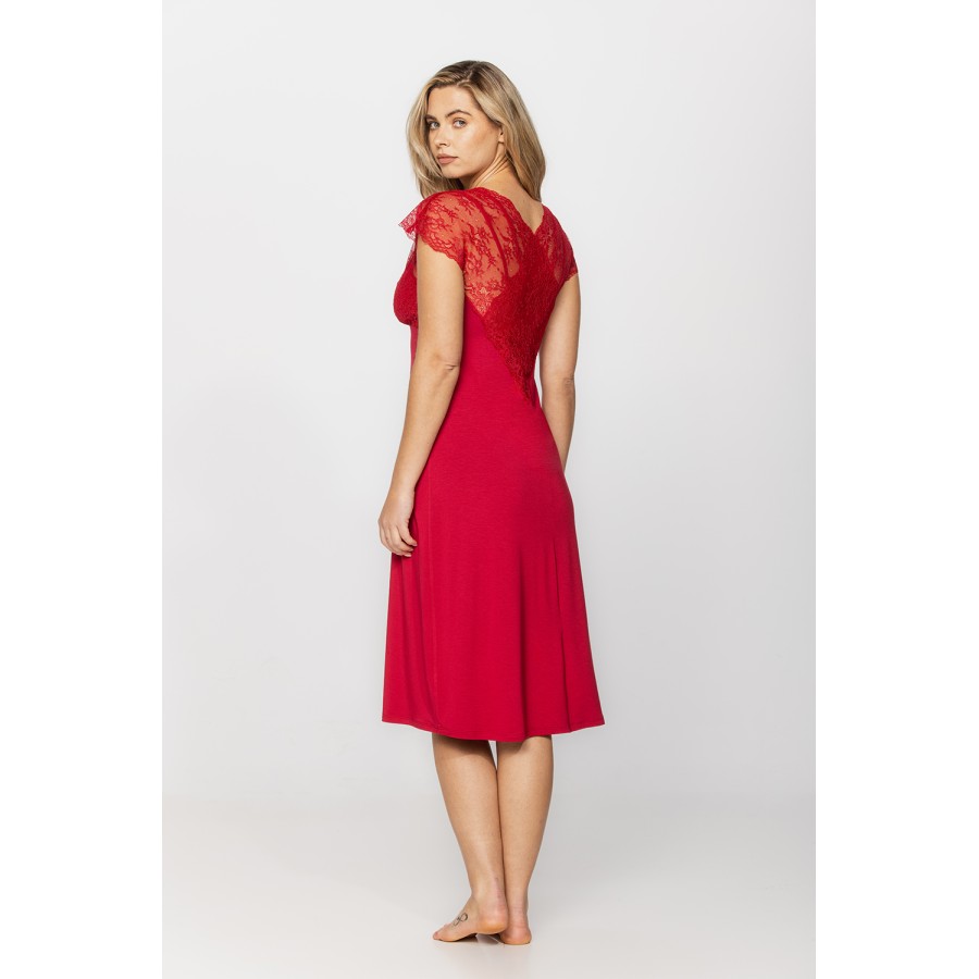 Chemise de nuit / robe d'intérieur en micromodal et dentelle rouge et manches courtes