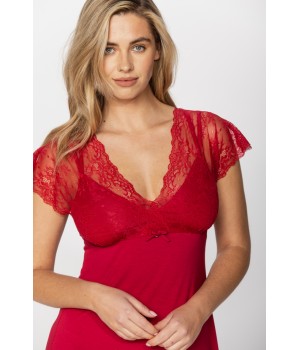 Short-sleeved nightdress/lounge robe in red micromodal and lace fabric