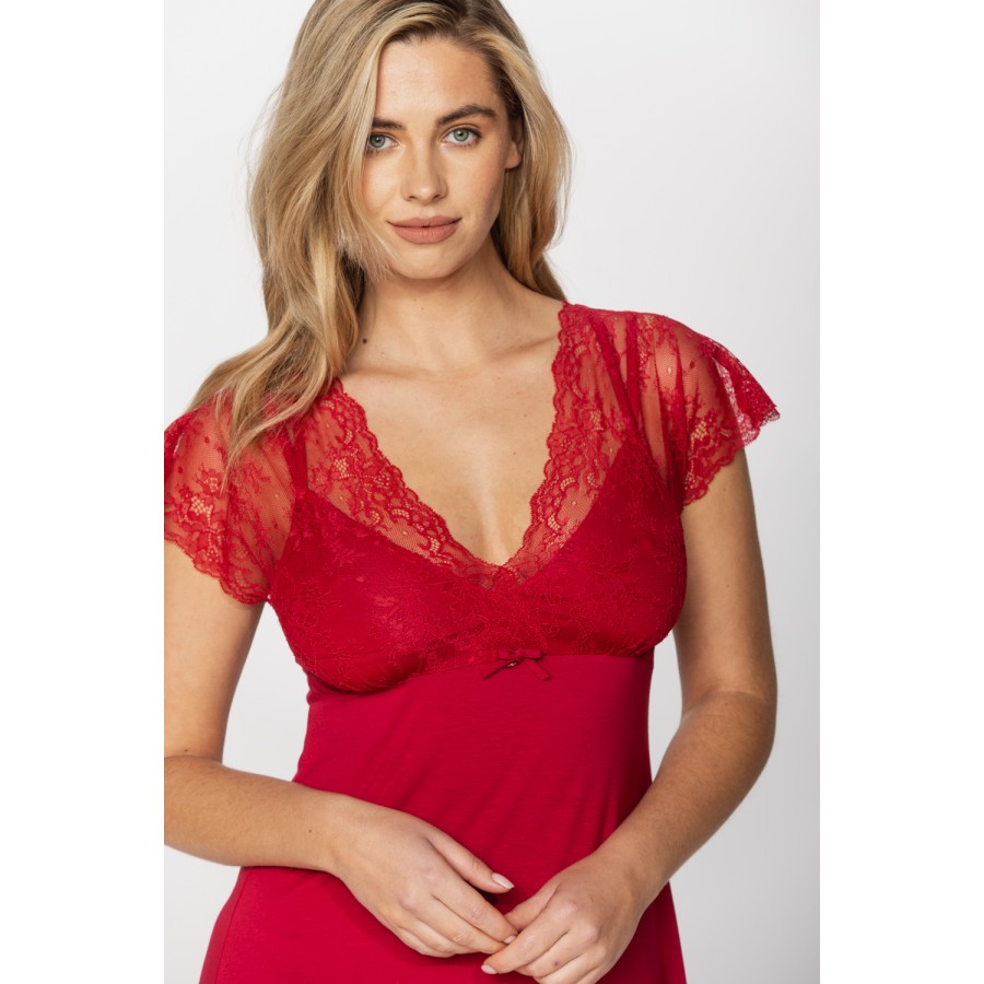 Short-sleeved nightdress/lounge robe in red micromodal and lace fabric