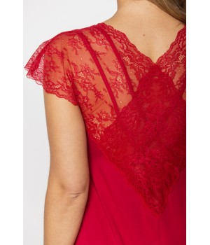 Short-sleeved nightdress/lounge robe in red micromodal and lace fabric