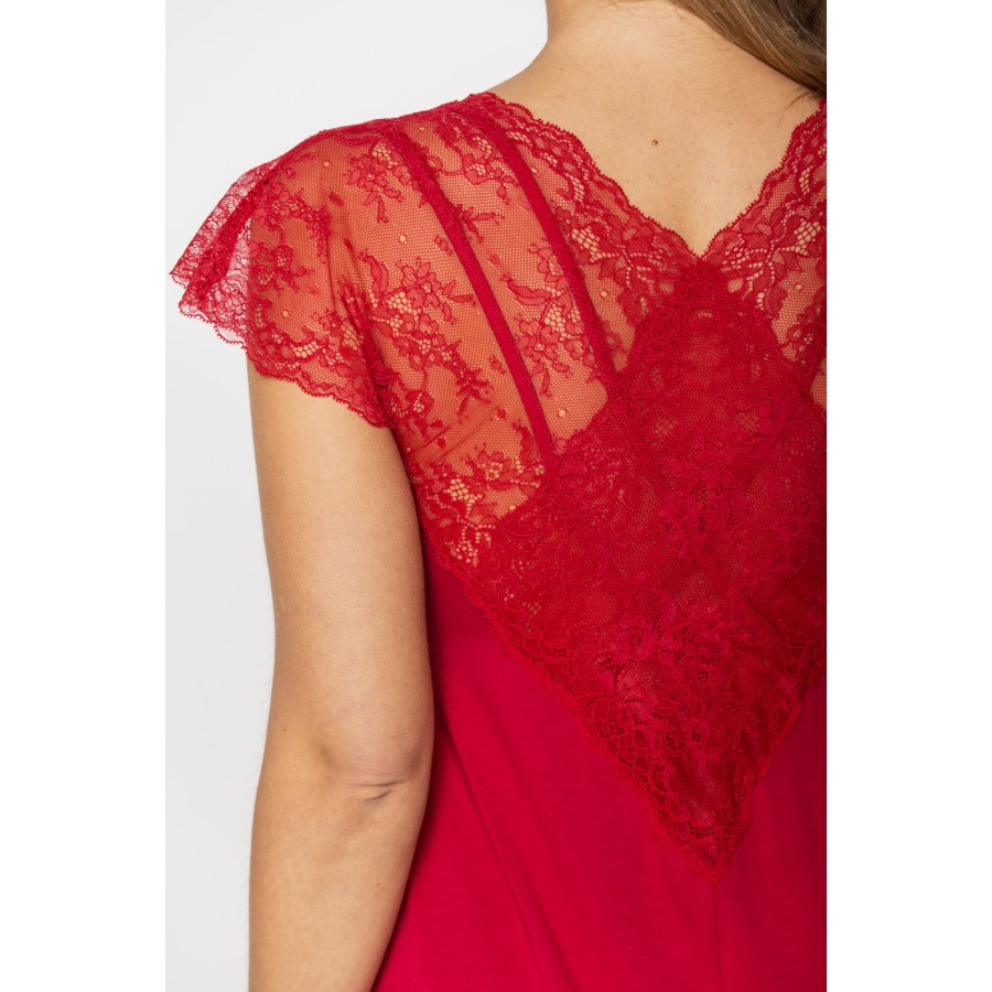 Short-sleeved nightdress/lounge robe in red micromodal and lace fabric