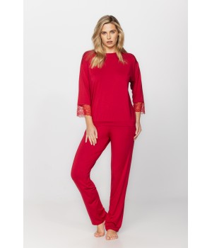 Ensemble pyjama en micromodal rouge tee-shirt manches ¾ et dentelle pantalon droit