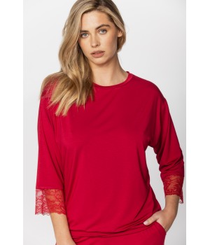 Ensemble pyjama en micromodal rouge tee-shirt manches ¾ et dentelle pantalon droit