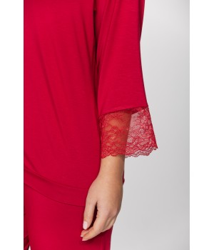 Ensemble pyjama en micromodal rouge tee-shirt manches ¾ et dentelle pantalon droit