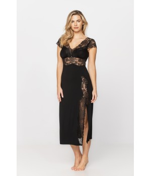 Ultra glamorous, short-sleeved, long nightshirt in black lace and micromodal