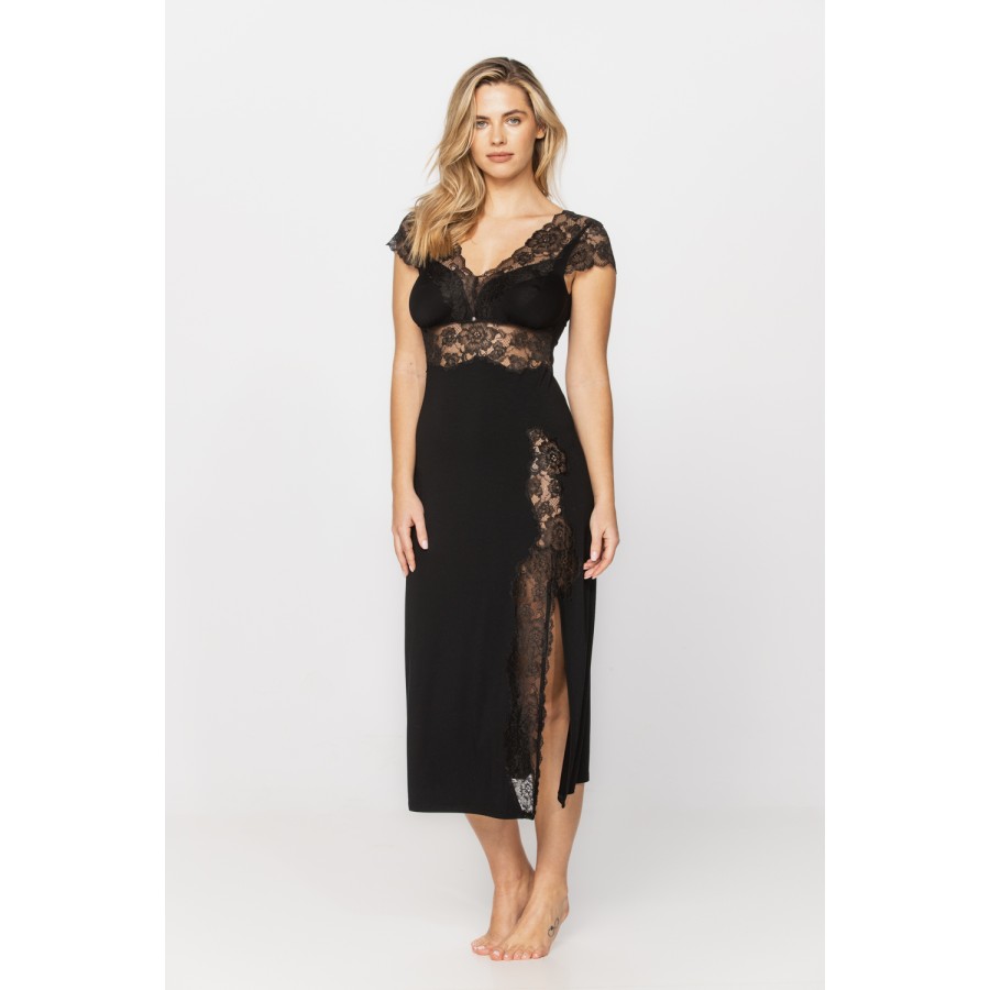 Ultra glamorous, short-sleeved, long nightshirt in black lace and micromodal