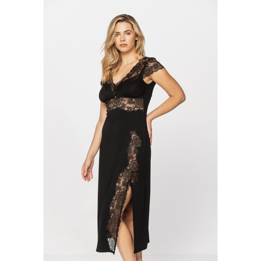 Ultra glamorous, short-sleeved, long nightshirt in black lace and micromodal