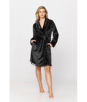 Delightful little velvet bathrobe with shawl collar and lace at the hem