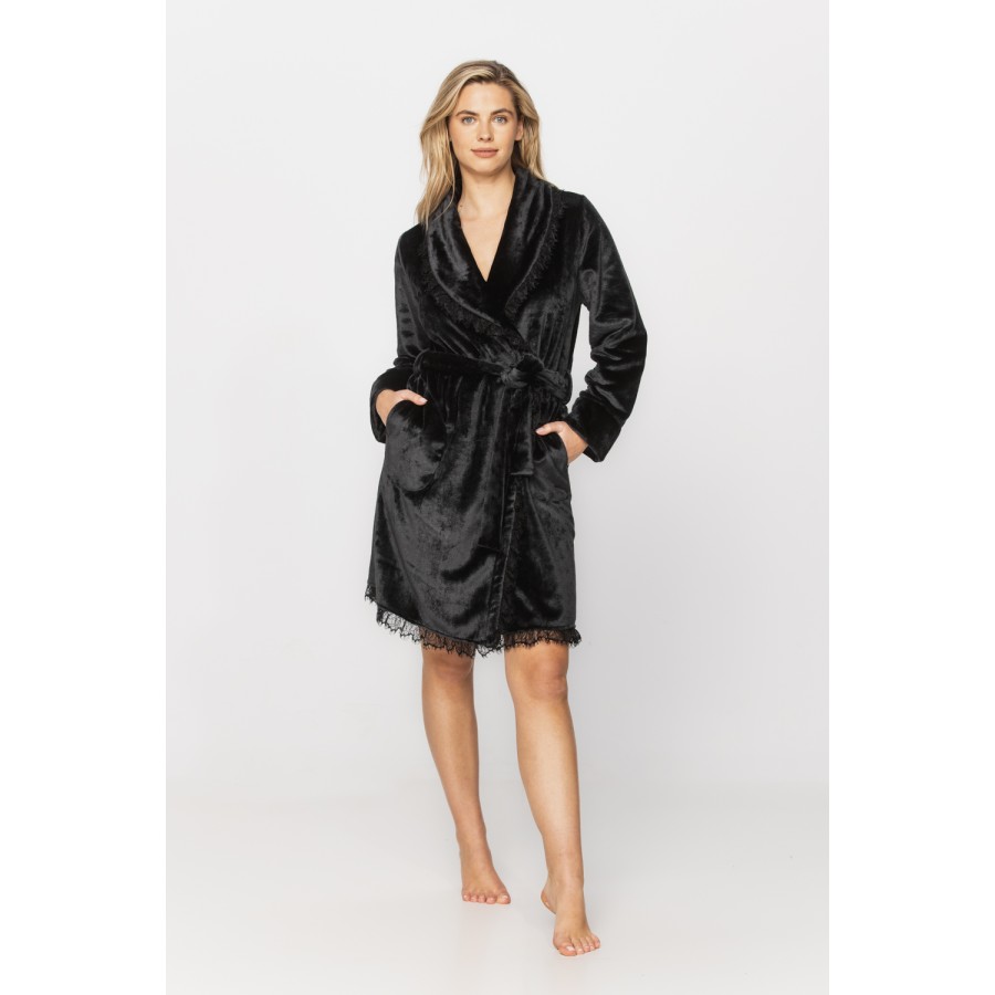 Delightful little velvet bathrobe with shawl collar and lace at the hem