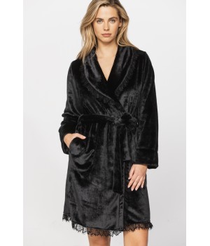 Delightful little velvet bathrobe with shawl collar and lace at the hem