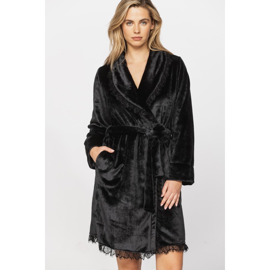 Delightful little velvet bathrobe with shawl collar and lace at the hem