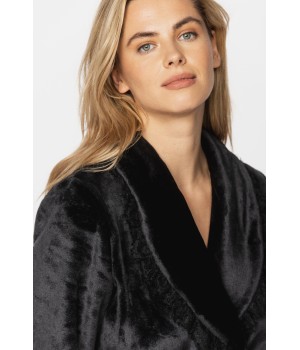 Delightful little velvet bathrobe with shawl collar and lace at the hem