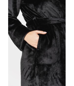 Delightful little velvet bathrobe with shawl collar and lace at the hem