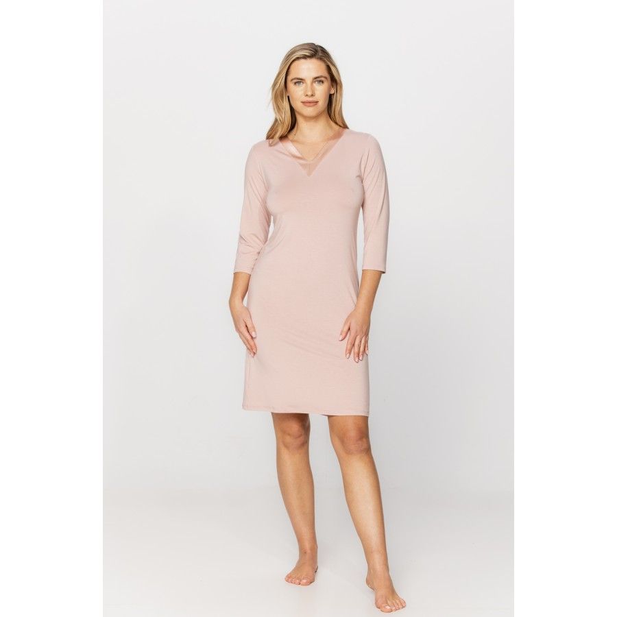Elegant tunic-style nightshirt with V-neckline adorned with silk