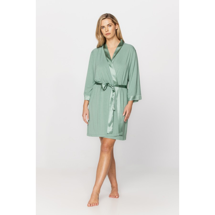 Pretty, mid-thigh, micromodal dressing gown with three-quarter-length sleeves and a silk neckline