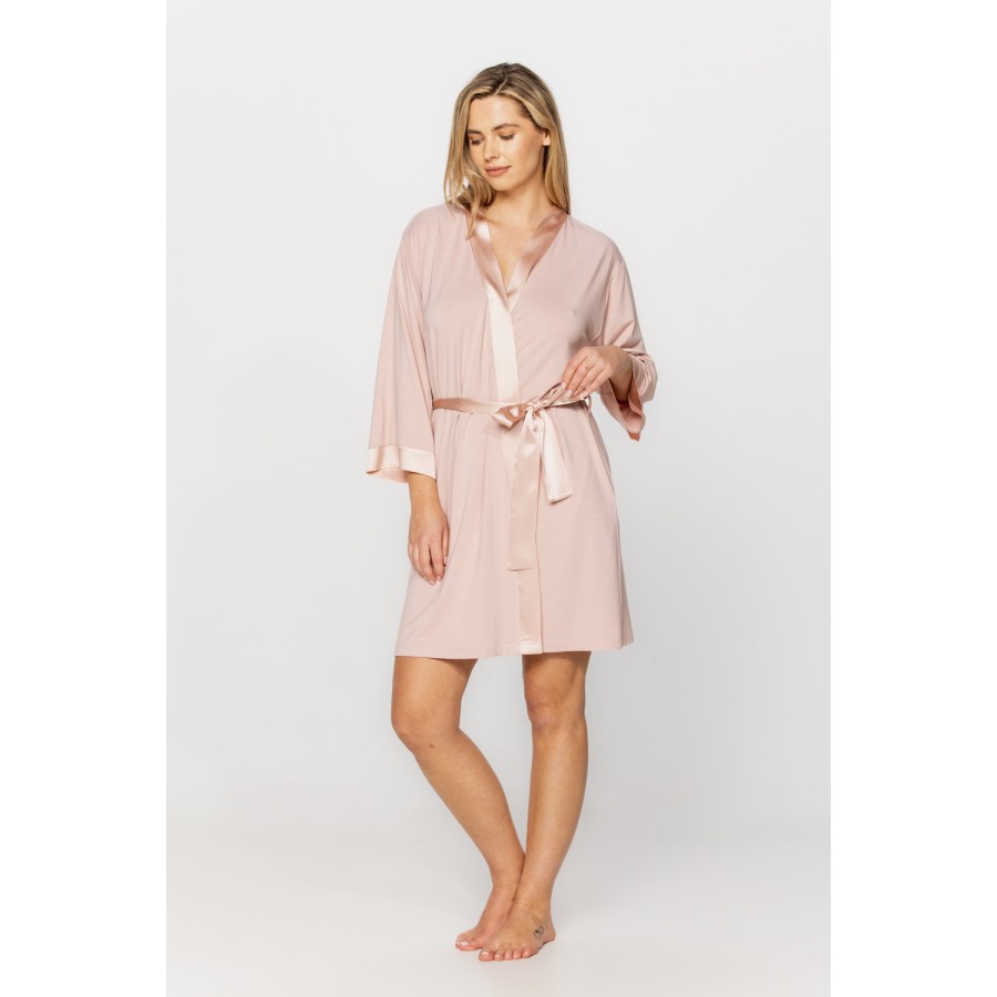 Pretty, mid-thigh, micromodal dressing gown with three-quarter-length sleeves and a silk neckline