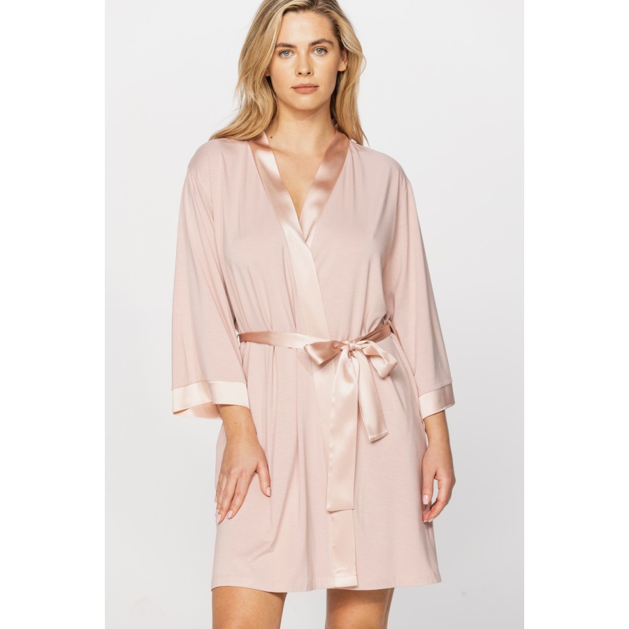 Pretty, mid-thigh, micromodal dressing gown with three-quarter-length sleeves and a silk neckline