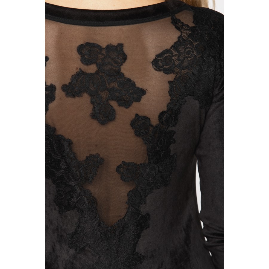 Velvet and tulle bodysuit with lace insert and long sleeves