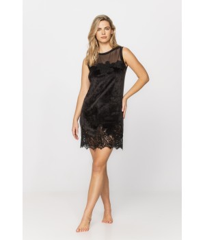 Sleeveless negligee with round neck in velvet, tulle and lace