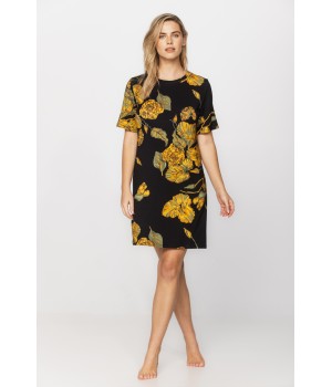 Micromodal nightshirt/long T-shirt with a ginkgo leaf print on a black background