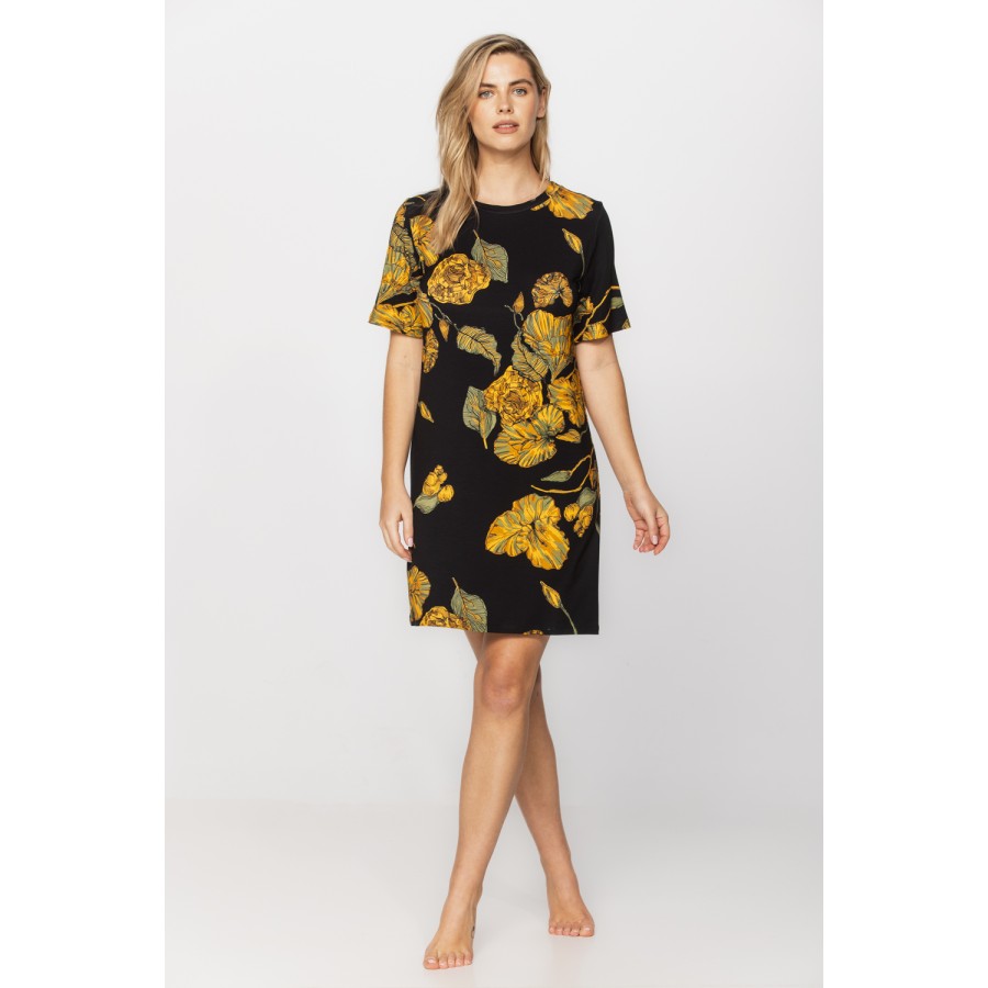 Micromodal nightshirt/long T-shirt with a ginkgo leaf print on a black background