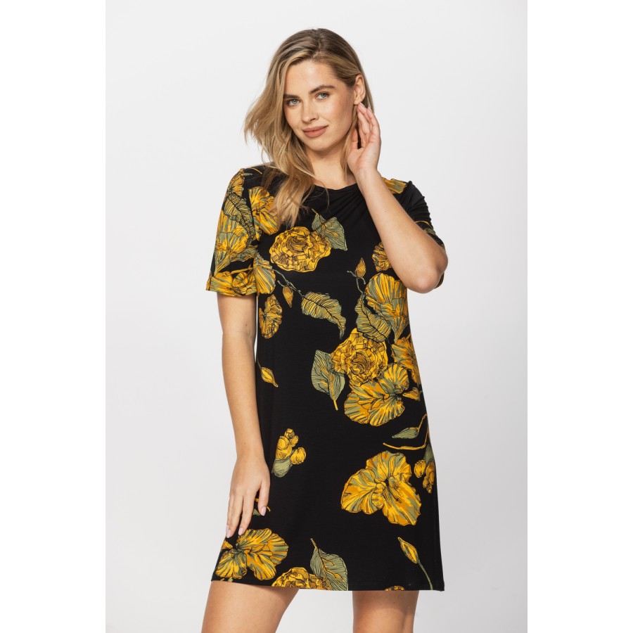 Micromodal nightshirt/long T-shirt with a ginkgo leaf print on a black background