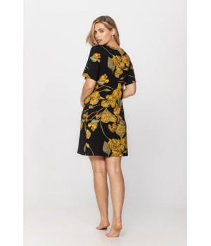 Micromodal nightshirt/long T-shirt with a ginkgo leaf print on a black background