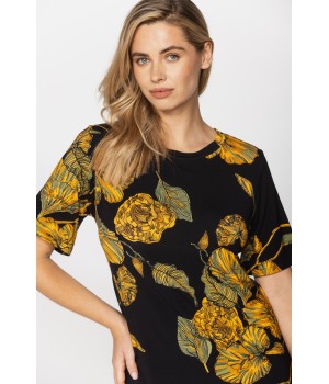 Micromodal nightshirt/long T-shirt with a ginkgo leaf print on a black background