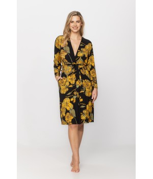 Pretty mid-length micromodal dressing gown, with golden ginkgo leaf print on a black background