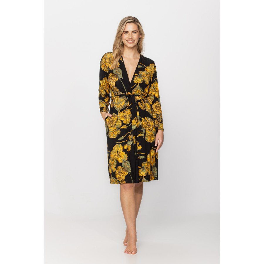 Pretty mid-length micromodal dressing gown, with golden ginkgo leaf print on a black background