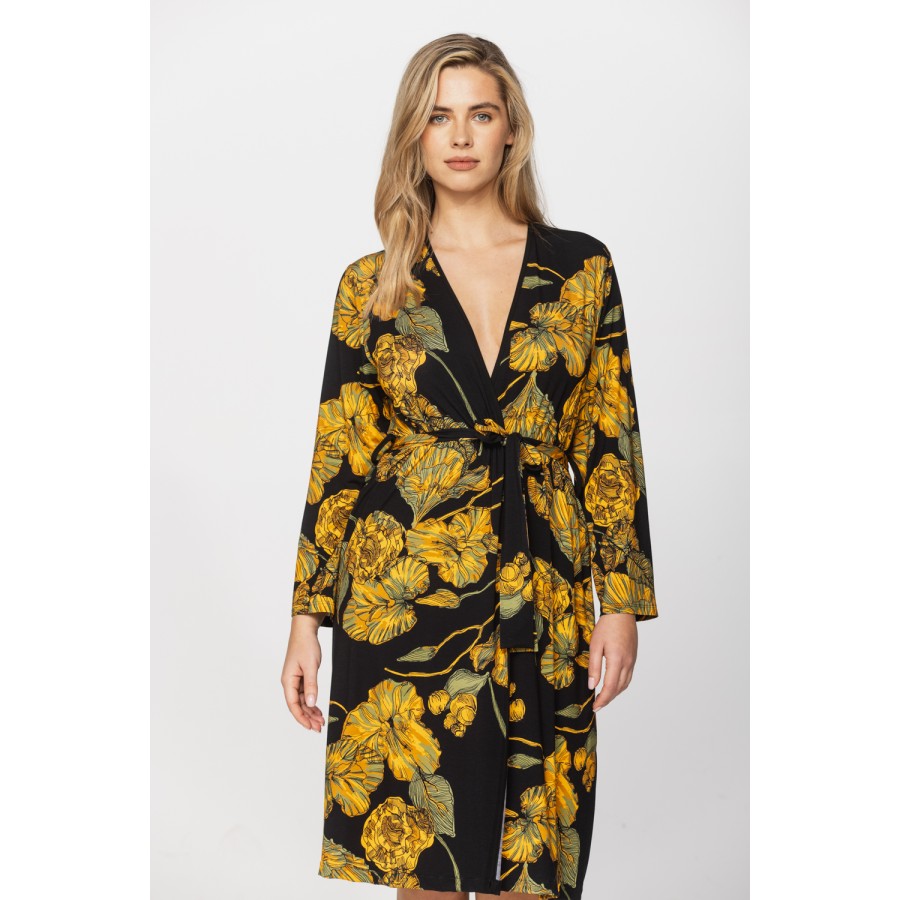 Pretty mid-length micromodal dressing gown, with golden ginkgo leaf print on a black background