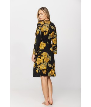 Pretty mid-length micromodal dressing gown, with golden ginkgo leaf print on a black background