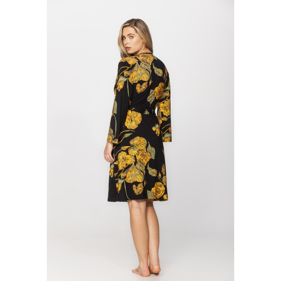 Pretty mid-length micromodal dressing gown, with golden ginkgo leaf print on a black background