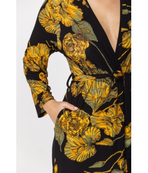 Pretty mid-length micromodal dressing gown, with golden ginkgo leaf print on a black background