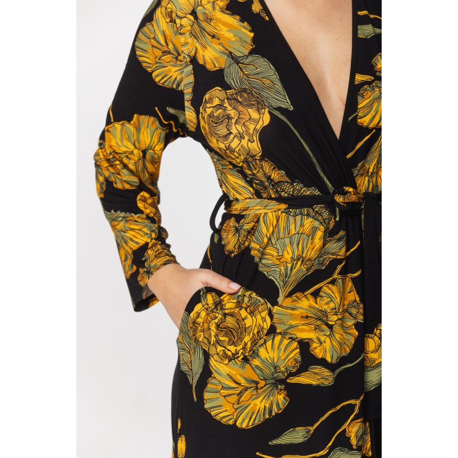 Pretty mid-length micromodal dressing gown, with golden ginkgo leaf print on a black background