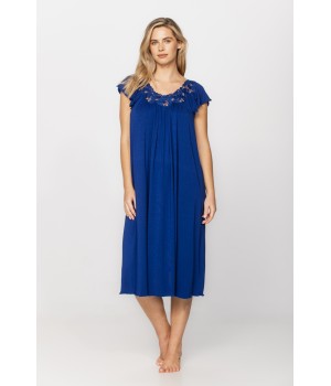 Very loose-fitting, cobalt blue, micromodal nightdress/lounge robe with embroidery and lace