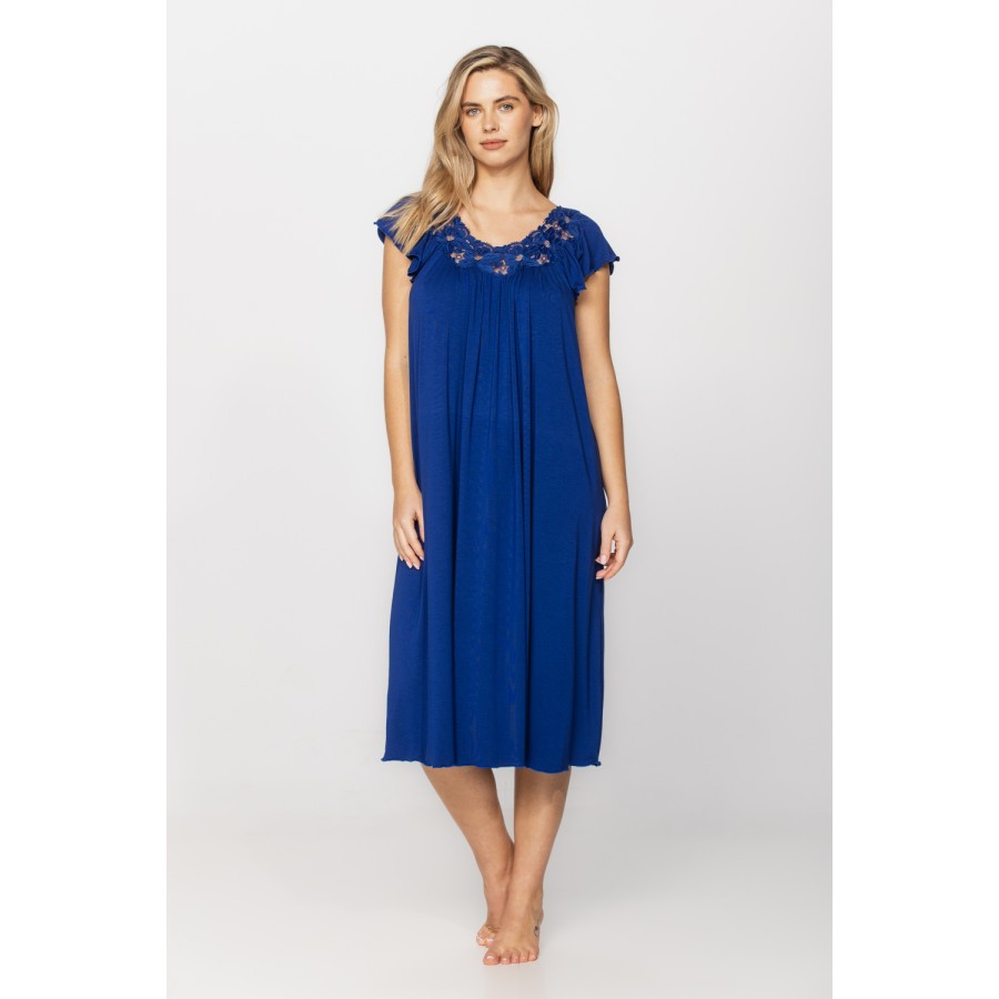 Chemise de nuit / robe d'intérieurr très ample en micromodal, broderie et dentelle bleu cobalt