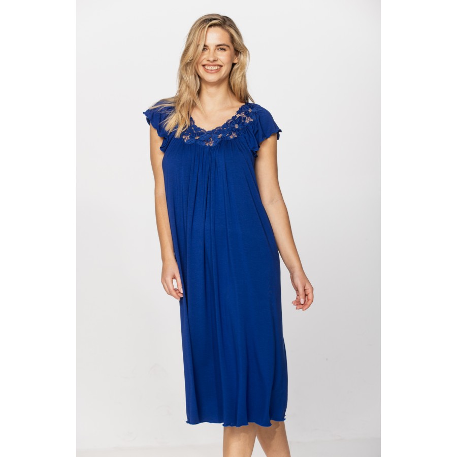 Very loose-fitting, cobalt blue, micromodal nightdress/lounge robe with embroidery and lace