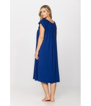 Very loose-fitting, cobalt blue, micromodal nightdress/lounge robe with embroidery and lace