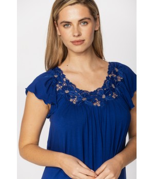 Very loose-fitting, cobalt blue, micromodal nightdress/lounge robe with embroidery and lace