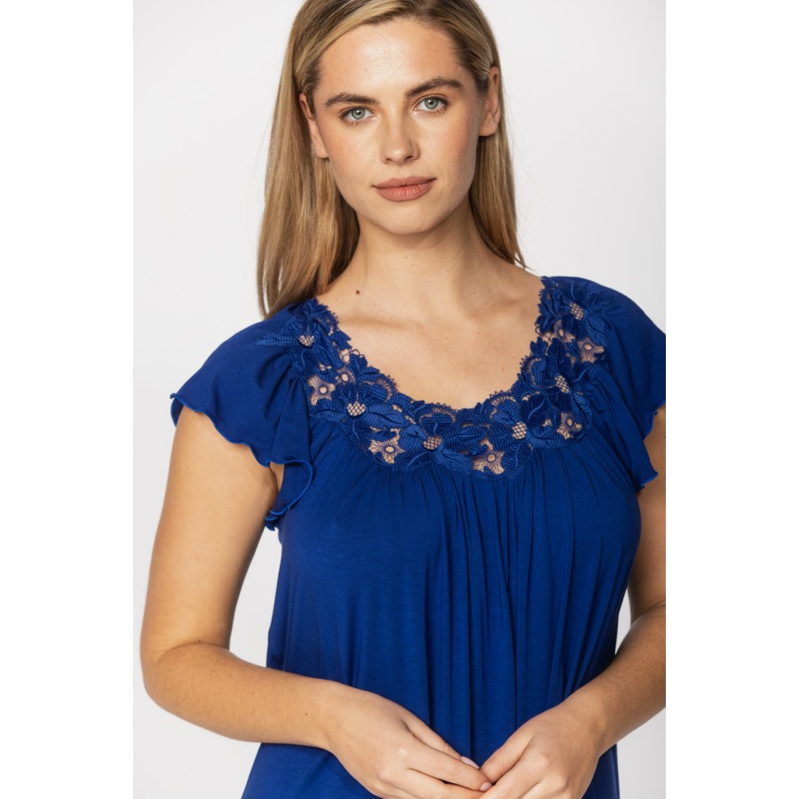 Very loose-fitting, cobalt blue, micromodal nightdress/lounge robe with embroidery and lace