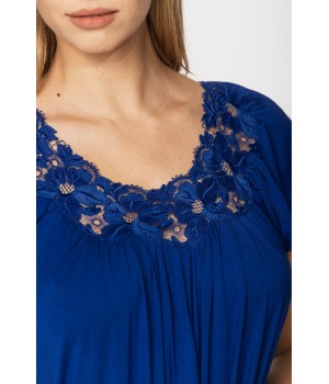 Very loose-fitting, cobalt blue, micromodal nightdress/lounge robe with embroidery and lace