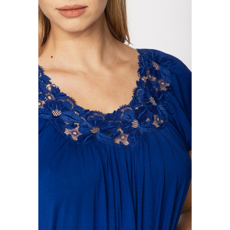 Very loose-fitting, cobalt blue, micromodal nightdress/lounge robe with embroidery and lace