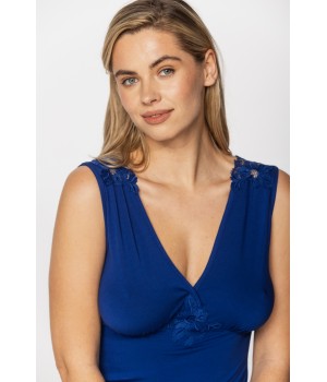 Gorgeous, cobalt blue micromodal negligee, V-neckline in embroidery and lace