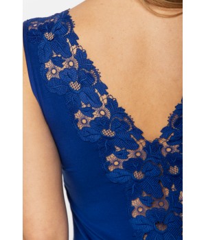 Gorgeous, cobalt blue micromodal negligee, V-neckline in embroidery and lace