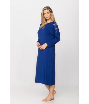 Long and loose-fitting, long-sleeved micromodal nightdress in a shade of blue cobalt