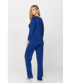 Ensemble pyjama en micromodal et dentelle bleu cobalt, haut tee-shirt long, pantalon droit